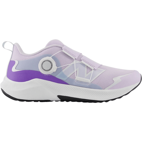 Lilac and lavender kids' athletic sneaker with BOA dial closure, mesh upper, and white cushioned sole