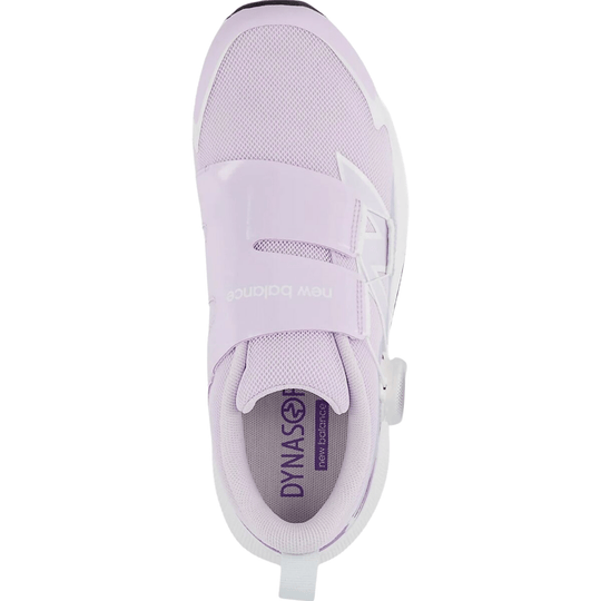 Light lavender kids' athletic sneaker with mesh upper, dial closure, and white sole, top view