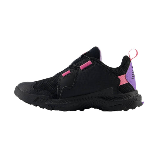 Black trail sneaker with pink accents and a purple heel tab