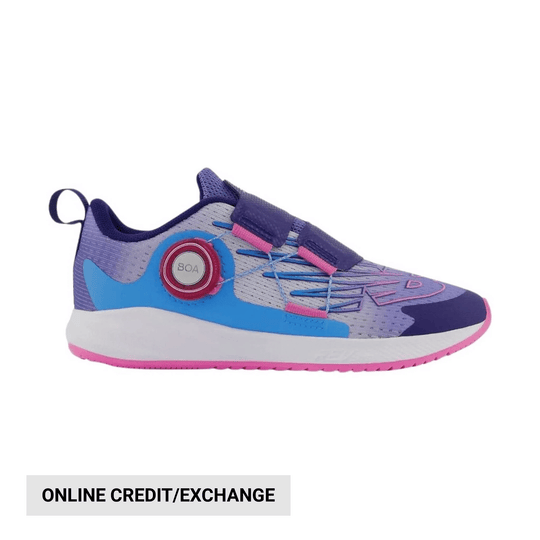 Purple, blue, and pink kids' athletic shoe with BOA dial and white sole
