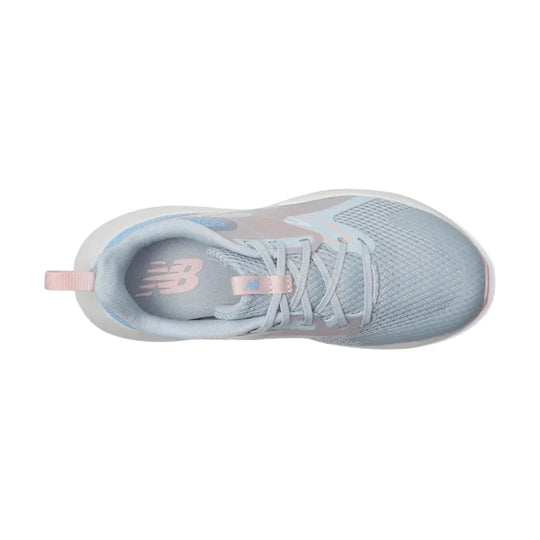 Light blue running shoe with white laces, pink accents, and a visible New Balance logo on the insole