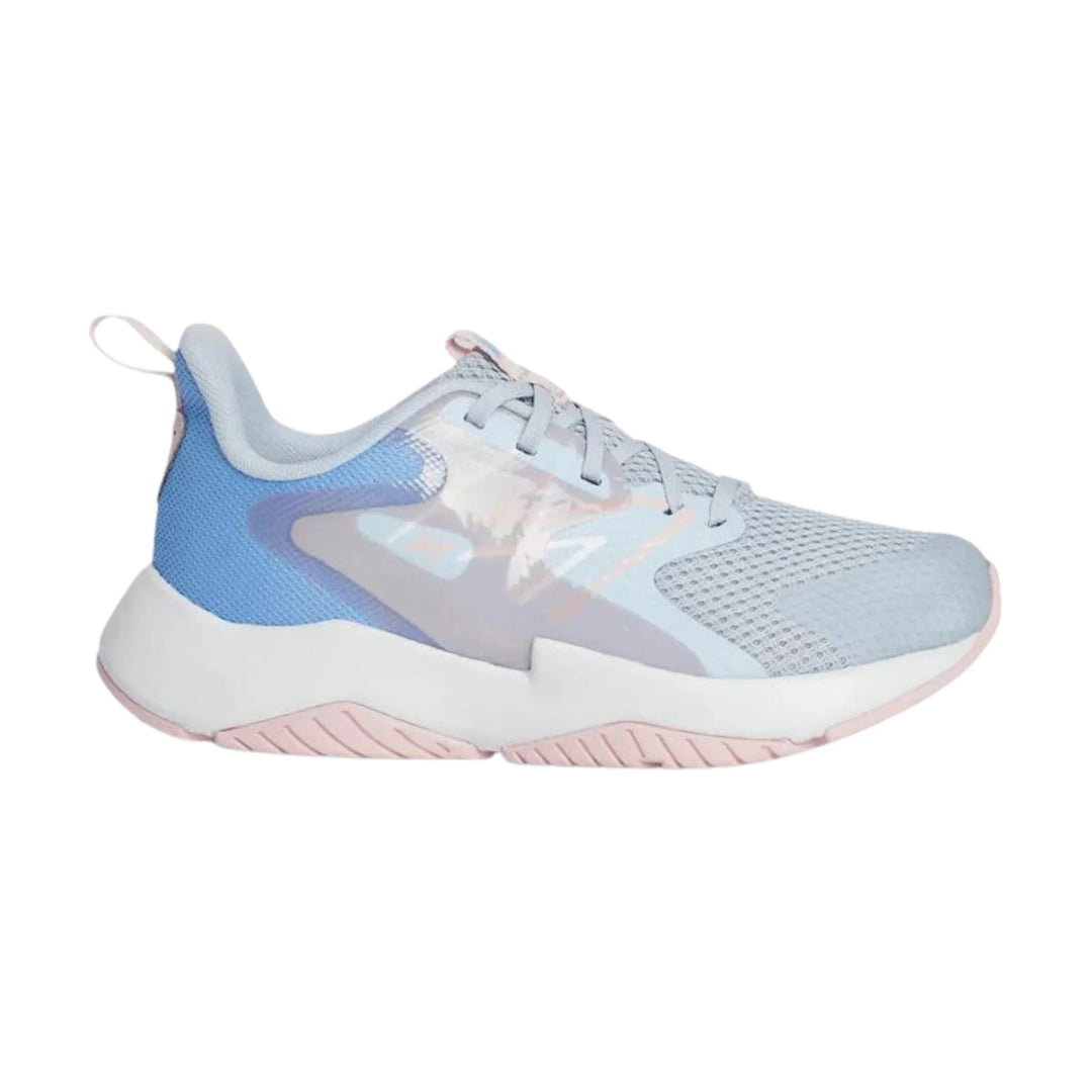 Light blue and white kids' running shoe with mesh upper, pastel side overlays, and pink outsole accents
