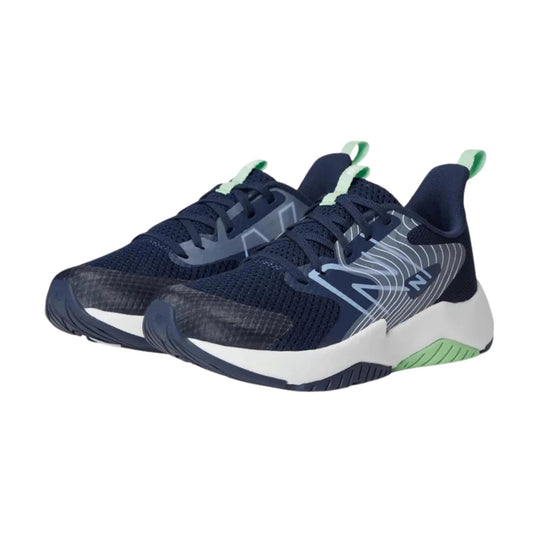 Navy running shoes with white midsoles, mint pull tabs, and side wave graphics