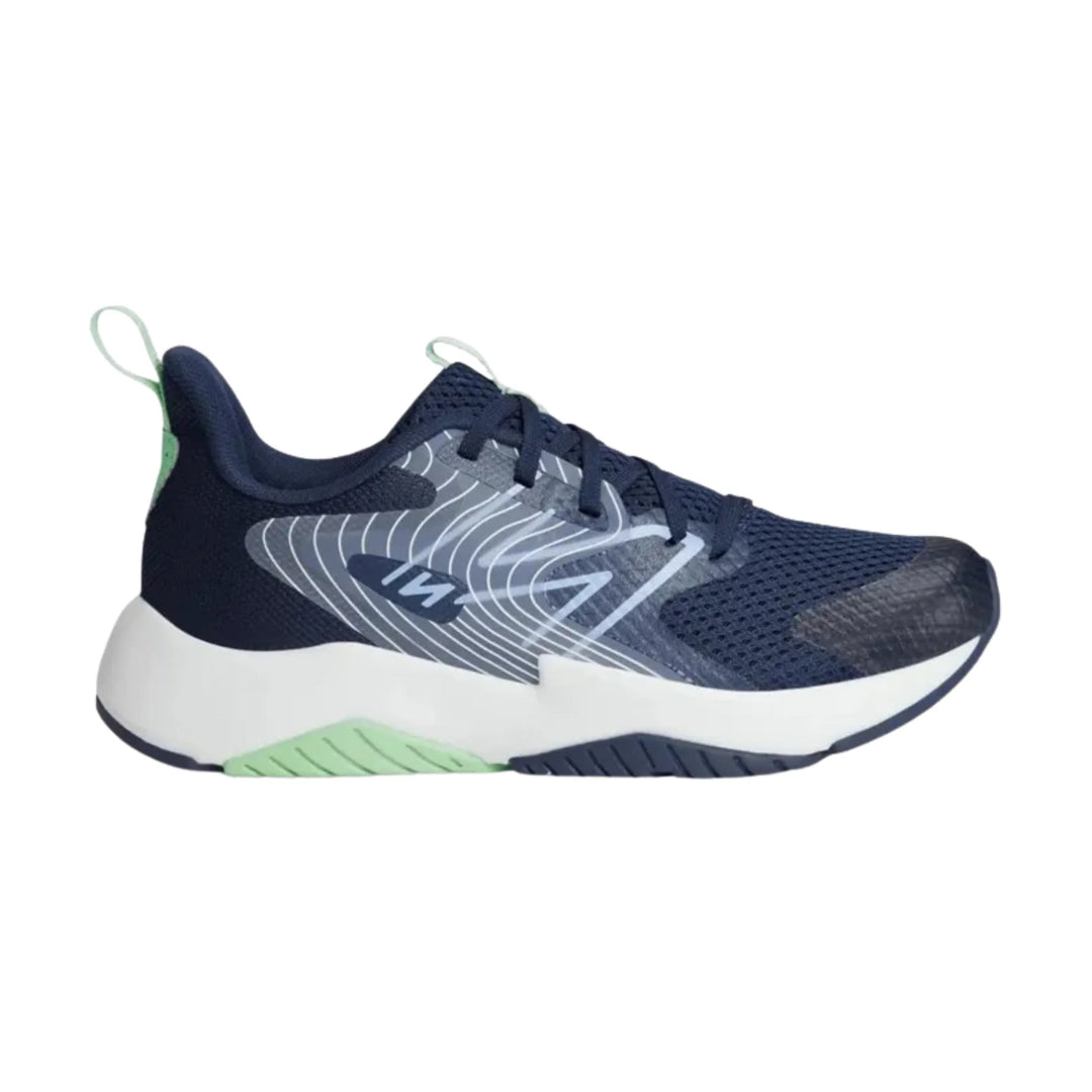 Navy running shoe with mesh upper, white midsole, and mint heel pull tab