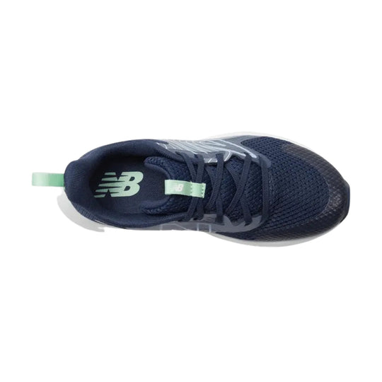 Navy running shoe with mesh upper, mint heel pull tab, and visible NB logos