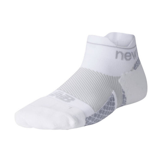 White no-show athletic sock with gray knit cushioning and a ribbed ankle cuff
