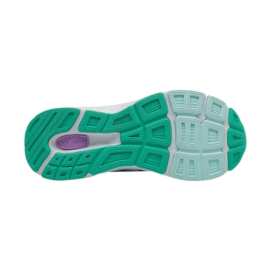 Teal and light mint rubber sneaker outsole with a purple New Balance pod