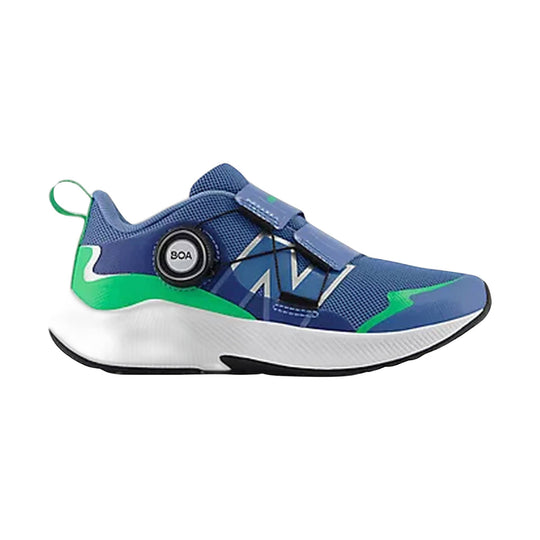 Blue and green kids' athletic shoe with BOA dial closure and thick white sole