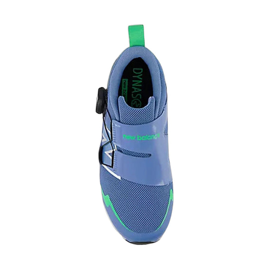 Blue and green kids' athletic shoe shown from above with BOA dial closure