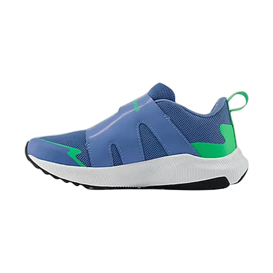 Blue and green kids' slip-on sneaker with a white foam sole and heel loop