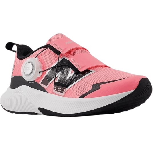 Pink and black kids' athletic shoe with BOA dial closure, mesh upper, and white midsole.