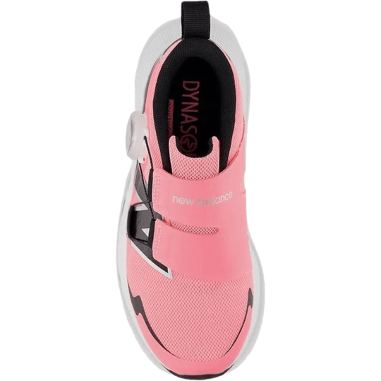 Pink and black kids' athletic shoe with a BOA dial closure and pull tab, shown from above.