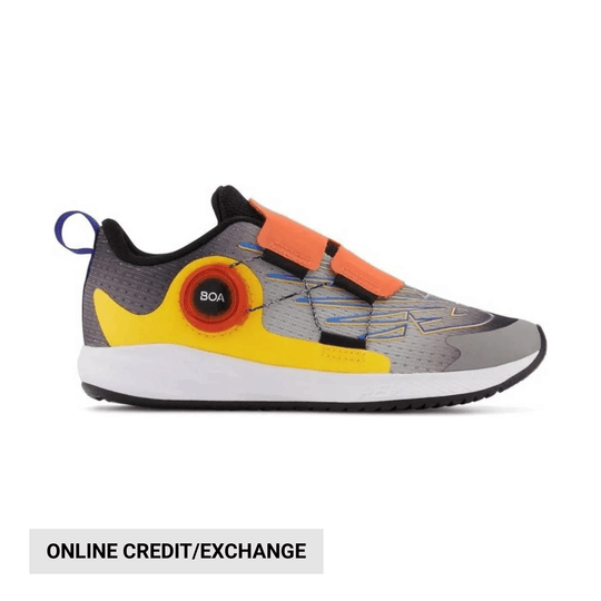Kids athletic sneaker in gray, black, yellow, and orange with BOA closure and hook-and-loop straps
