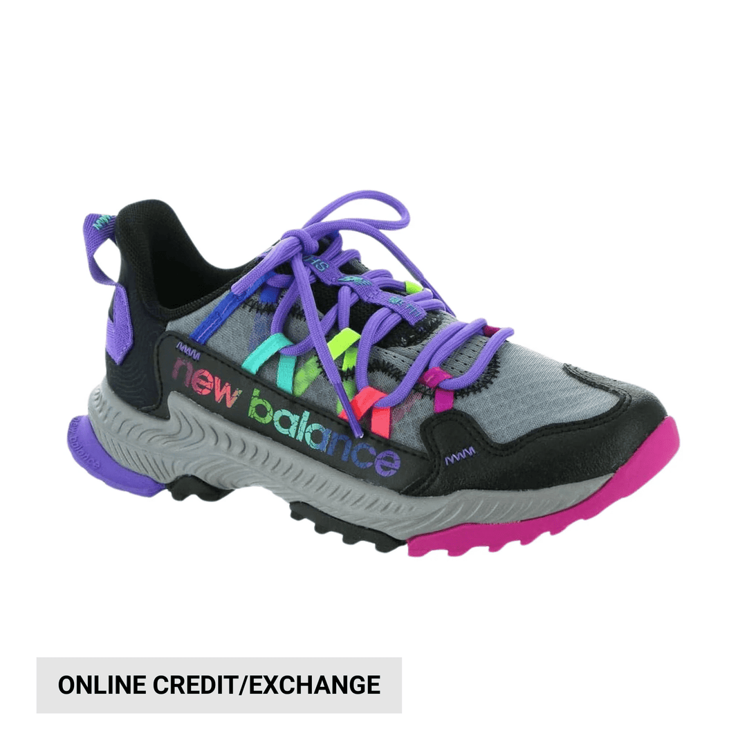 Gray and black kids' trail shoe with purple laces, pink toe cap, and multicolor side logo