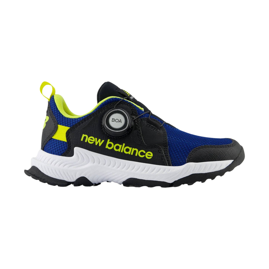Blue and black kids' trail shoe with neon yellow accents, BOA dial, and white midsole