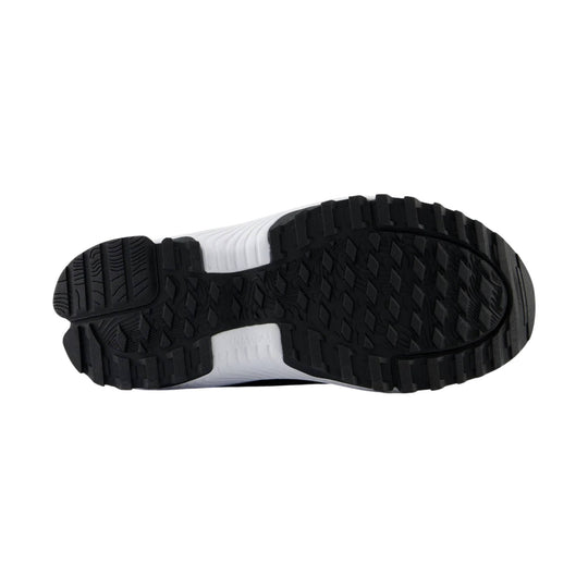 Black rubber shoe outsole with deep tread and a white midsole