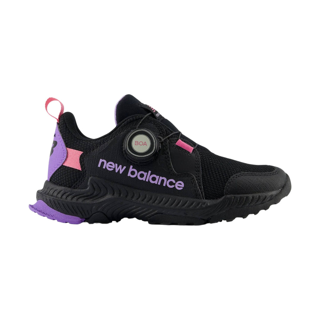 Black kids' trail shoe with pink and purple accents, BOA dial, and side logo