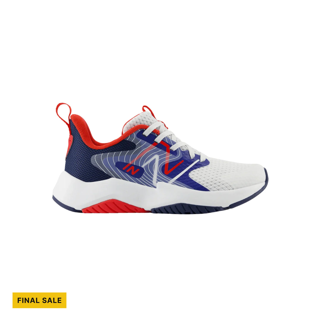 Low-cut kids' athletic sneaker in white, navy, red, and blue with mesh panels and visible laces; FINAL SALE