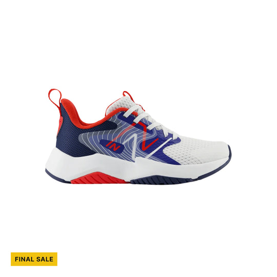 Low-cut kids' athletic sneaker in white, navy, red, and blue with mesh panels and visible laces; FINAL SALE