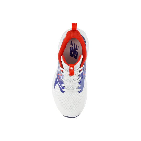 White kids' athletic shoe with blue overlays, red collar, and laced front