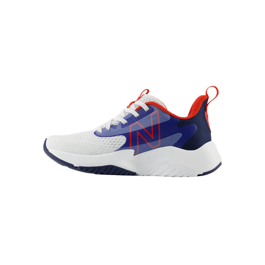 White, blue, and red low-top athletic shoe with lace-up closure and a large side logo