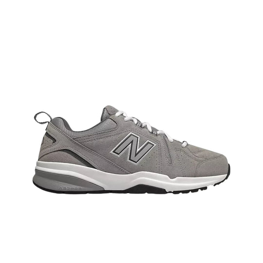 Gray athletic training shoe with white laces and black sole