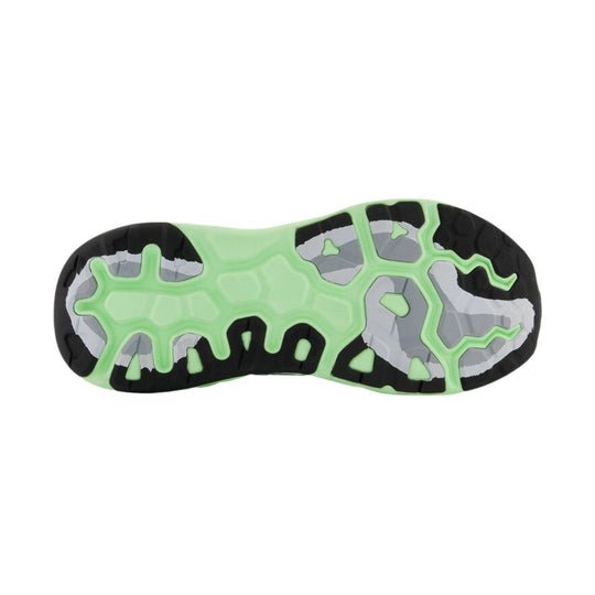 Mint green, black, and gray shoe outsole with textured traction pods