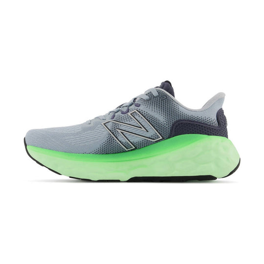 Light gray running shoe with a dark New Balance logo and bright green cushioned sole, side view