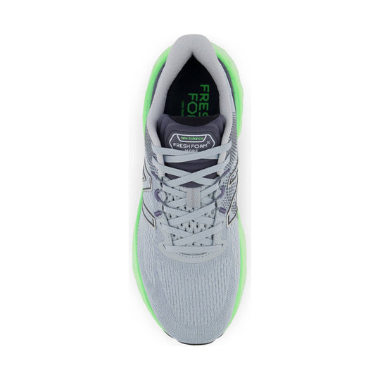 Light gray running shoe with neon green trim, gray laces, and visible Fresh Foam branding