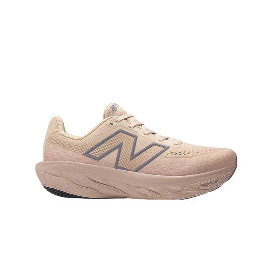Beige running shoe with thick cushioned sole and gray side logo