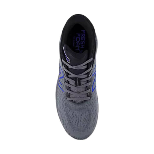 Gray and black running shoe with blue accents, shown from above