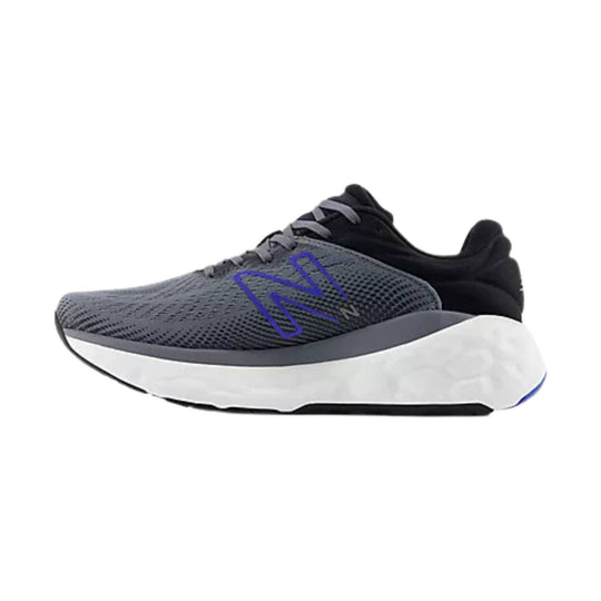 Gray and black running shoe with a white thick foam sole and blue side logo
