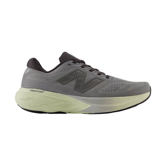 Grey running shoe with black laces, dark logo, and cream midsole
