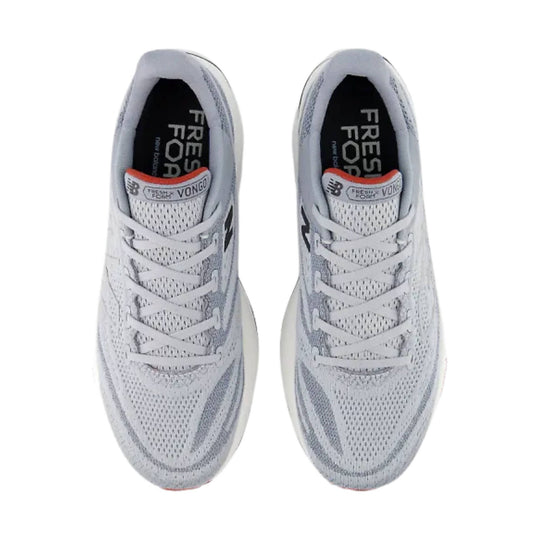 Light gray running shoes with mesh uppers, white laces, and black tongue branding