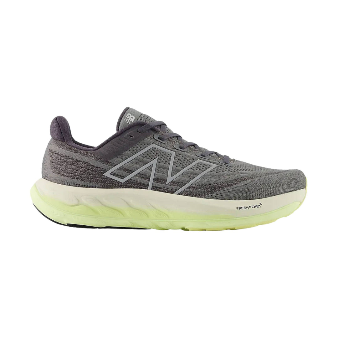 Gray running shoe with a thick white and pale yellow foam sole
