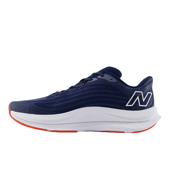 Navy running shoe with white midsole, orange outsole accents, and a large side N logo