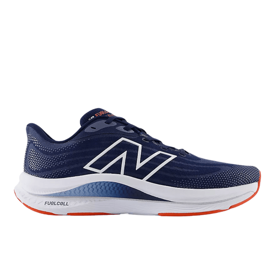 Navy running shoe with white logo, white midsole, and orange outsole accents