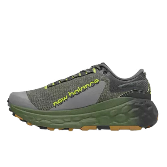 Gray and olive trail running shoe with lime accents, mesh upper, and rugged outsole