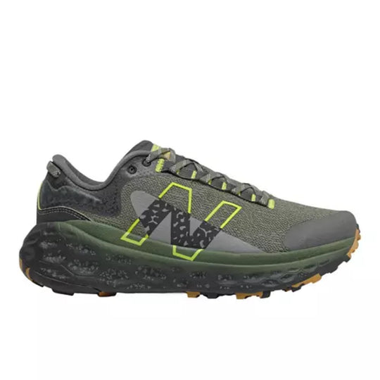 Gray and olive trail running shoe with neon yellow accents, thick treaded sole, and side logo