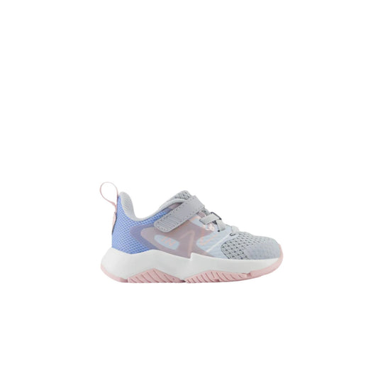 Toddler sneaker with bungee laces, hook-and-loop strap, and a white, blue, and pink sole