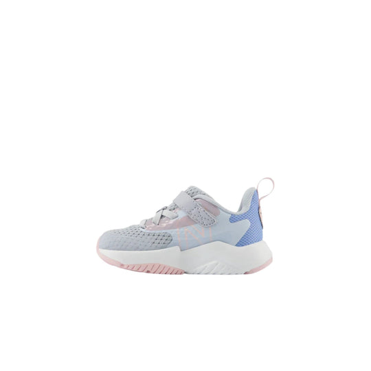 Light blue toddler sneaker with bungee laces, top strap, and pink sole accents