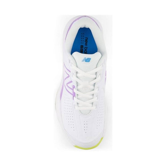 White tennis shoe with purple accents and blue insole, shown from above