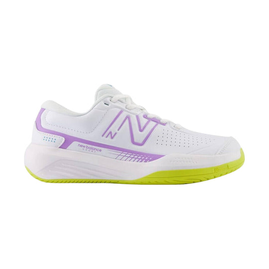 White low-top tennis shoe with lilac accents and a neon yellow outsole