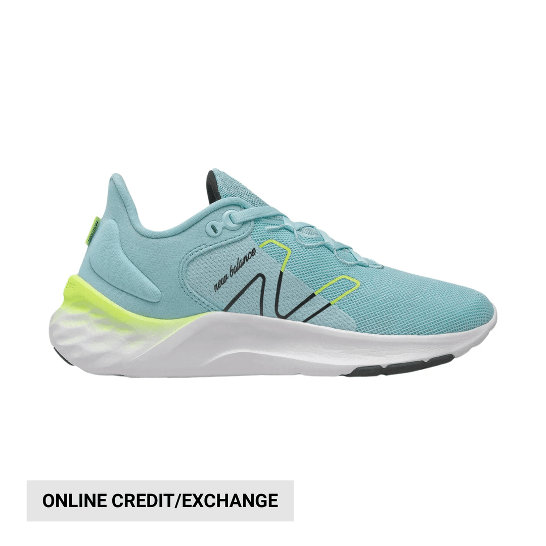 Light blue running shoe with white sole and neon yellow heel detail, shown in side view