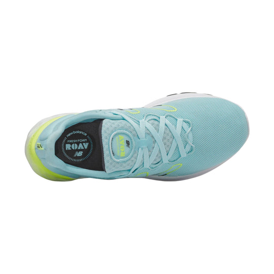 Light blue athletic running shoe with white sole, laces, and lime accents, shown from above