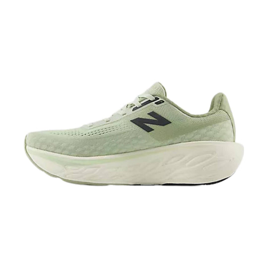 Light green running shoe with a black side logo and thick white platform sole, shown in side profile.