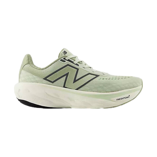 Light green running shoe with a thick white foam sole, black side logo, and white laces