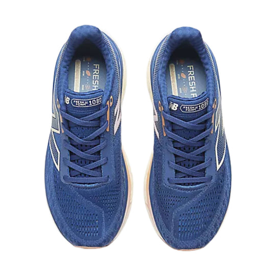 Blue running shoes with white side stripes and tan accents, top view