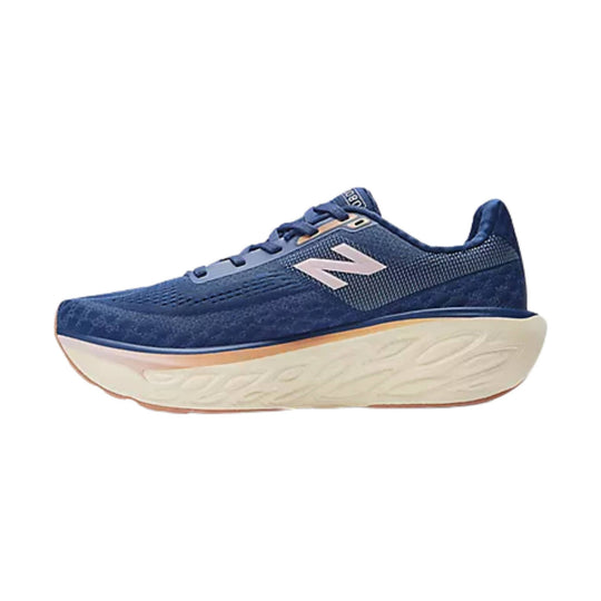 Blue New Balance running shoe with thick white cushioned sole, side logo, and mesh upper