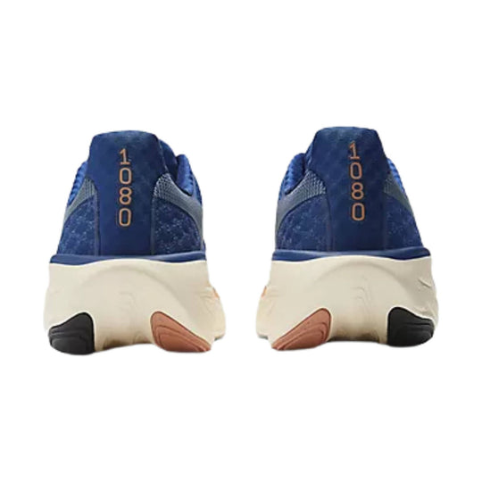 Blue and cream running shoes shown from the back with 1080 on the heel tab